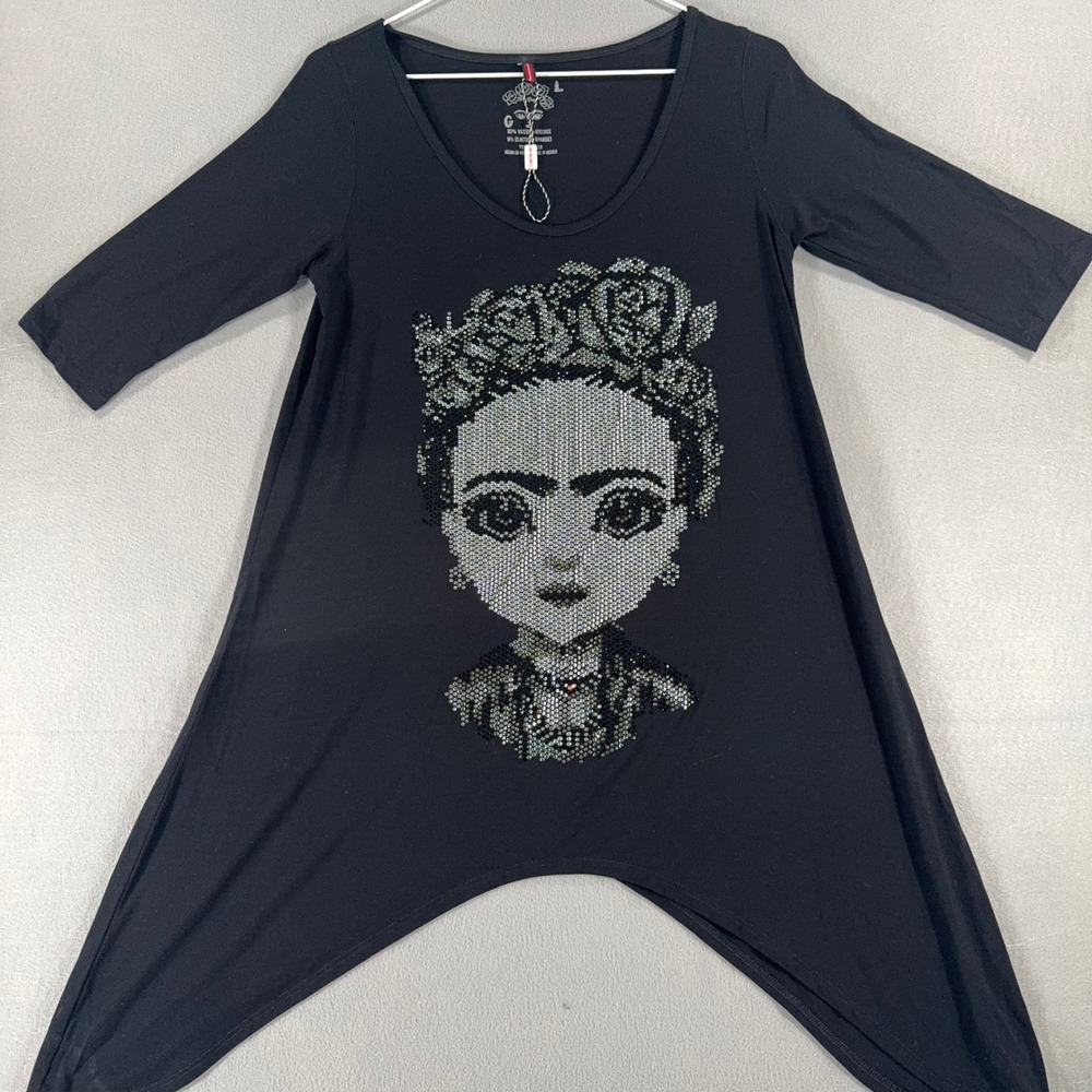 Ay Guey Frida Kahlo Rhinestone Handkerchief Hem Tunic Top Black Large YYDHO8B610